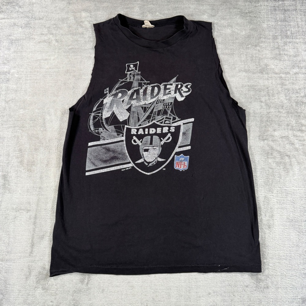 LA Raiders Shirt Mens Large Black Vintage 1990s Muscle Tank NFL Football Cut Off